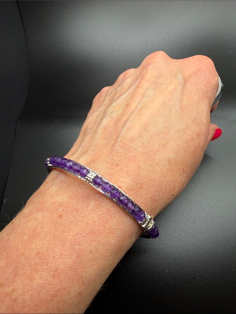 Amethyst Beaded Hinged Bangle Bracelet 21 CTW Purple Gemstone 7.25”